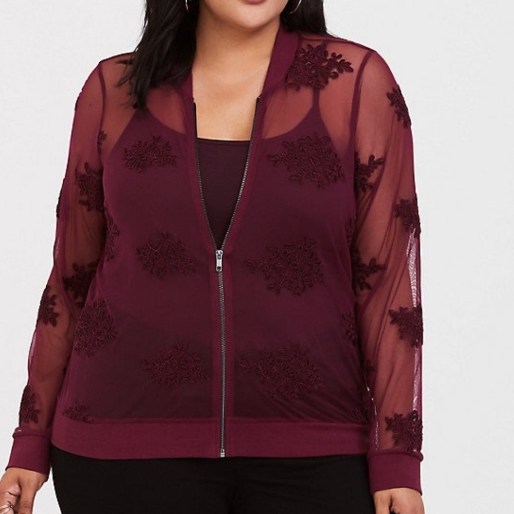 Torrid Red Embroidered Mesh Bomber